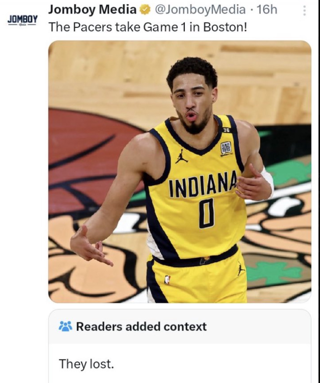 Tyrese Haliburton - Jomboy Jomboy Media 16h The Pacers take Game 1 in Boston! 30 Indiana 0 Readers added context They lost.